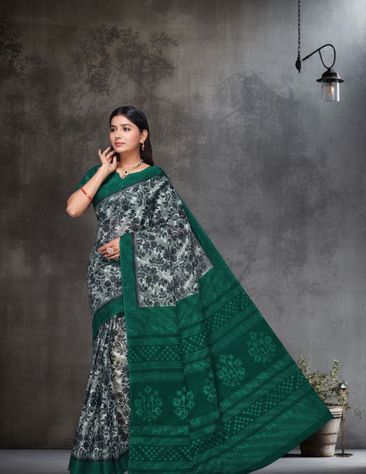 MISS INDIA Green Floral Printed Pure Cotton Saree