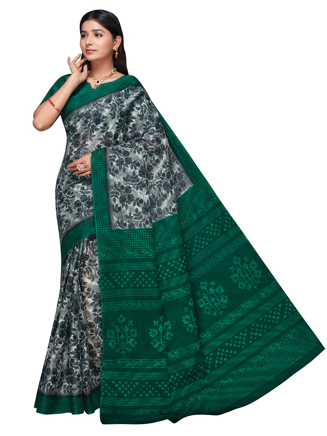 MISS INDIA Green Floral Printed Pure Cotton Saree