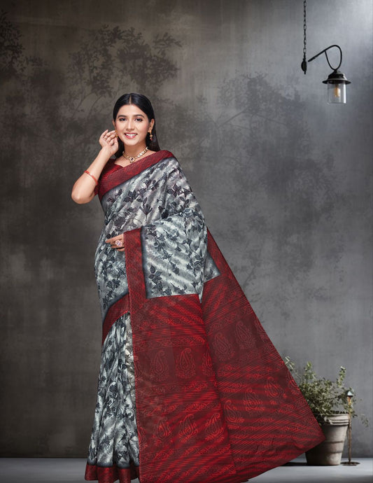 MISS INDIA Maroon Floral Printed Pure Cotton Saree