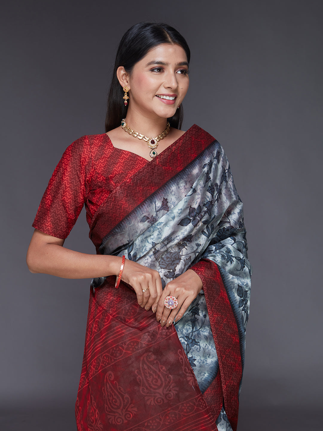 MISS INDIA Maroon Floral Printed Pure Cotton Saree