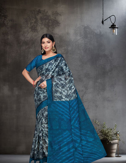 MISS INDIA Blue Floral Printed Pure Cotton Saree
