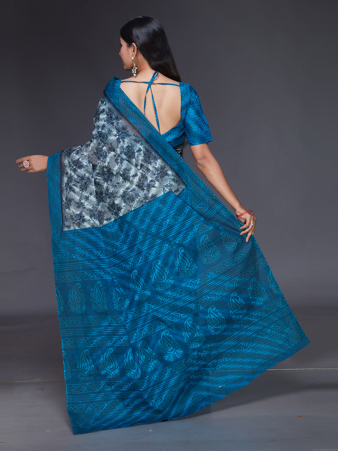 MISS INDIA Blue Floral Printed Pure Cotton Saree