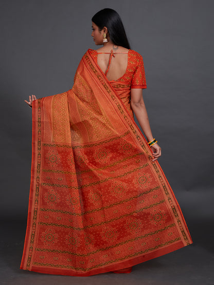 KANCHI COTTON Rust Printed Pure Cotton Saree