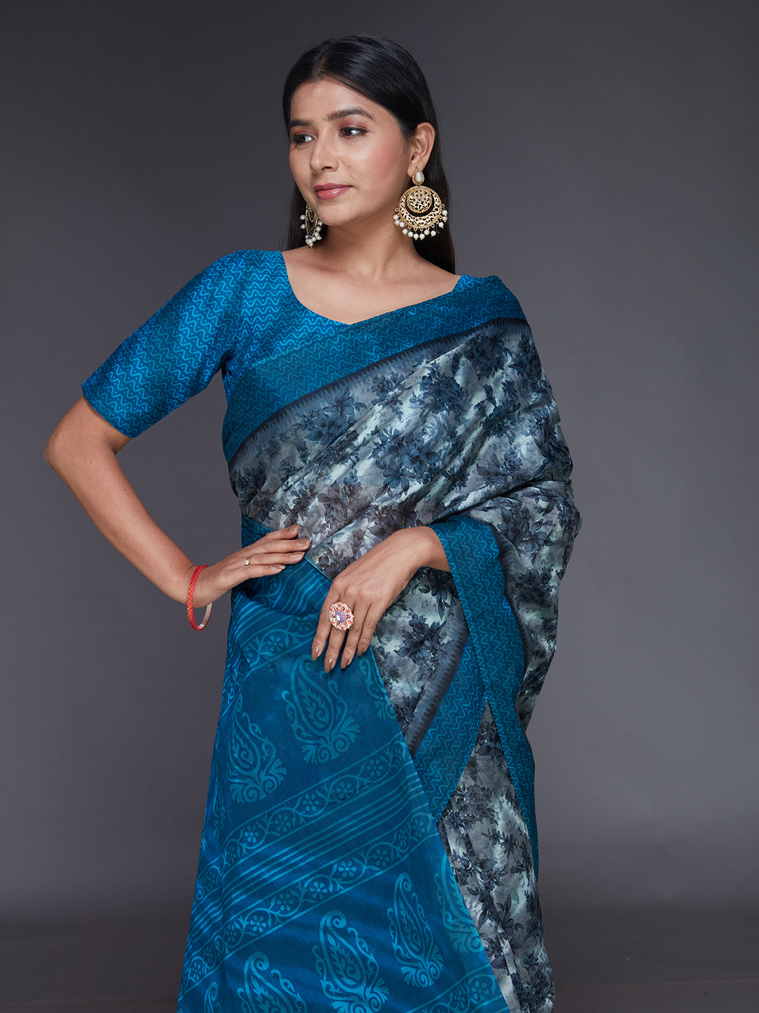 MISS INDIA Blue Floral Printed Pure Cotton Saree
