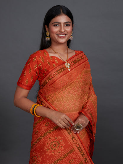 KANCHI COTTON Rust Printed Pure Cotton Saree