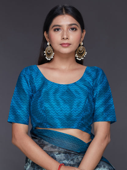 MISS INDIA Blue Floral Printed Pure Cotton Saree