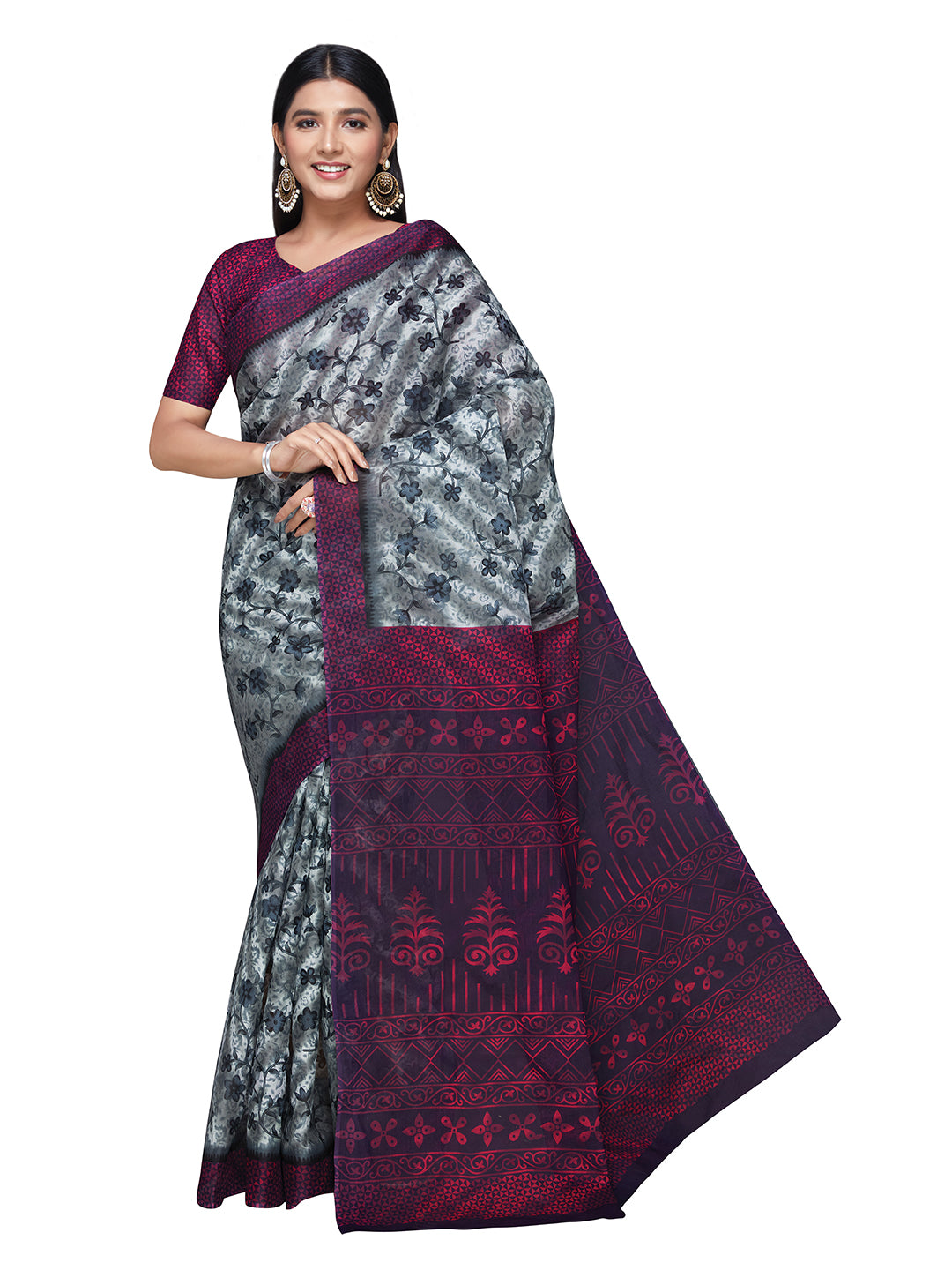 MISS INDIA Magenta Floral Printed Pure Cotton Saree
