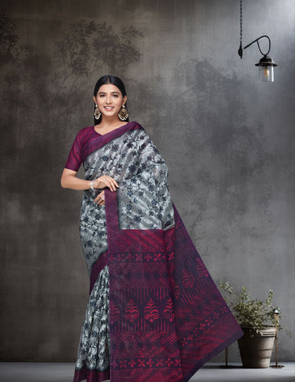 MISS INDIA Magenta Floral Printed Pure Cotton Saree