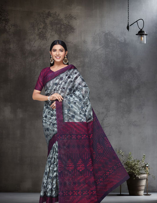 MISS INDIA Magenta Floral Printed Pure Cotton Saree