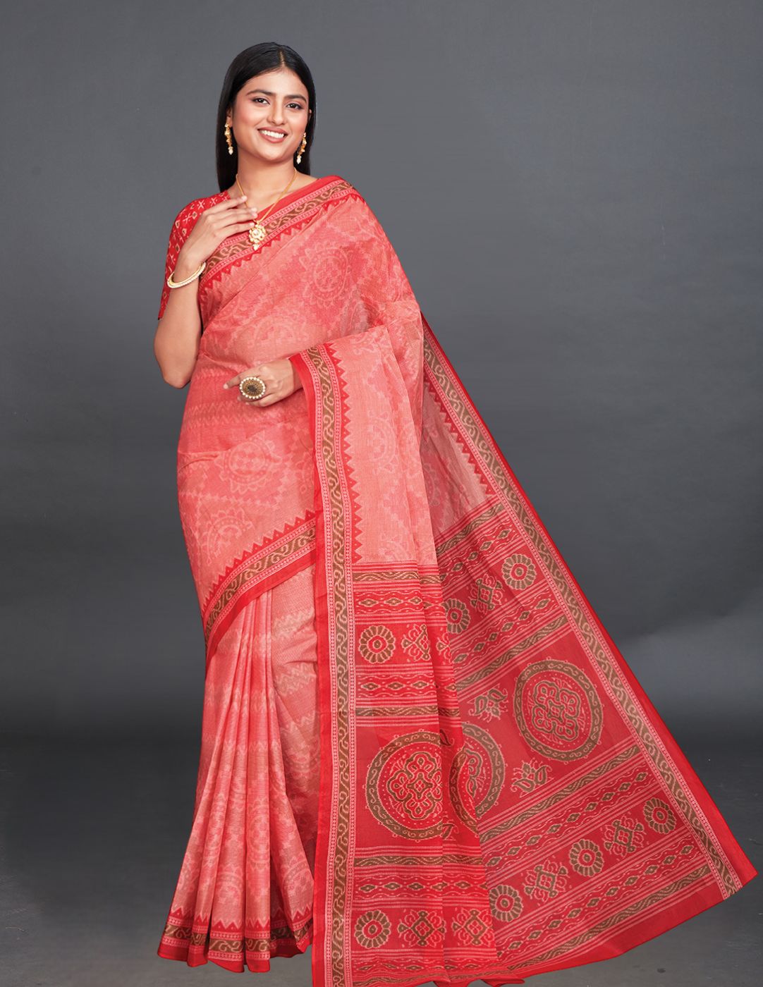 KANCHI COTTON Red Printed Pure Cotton Saree
