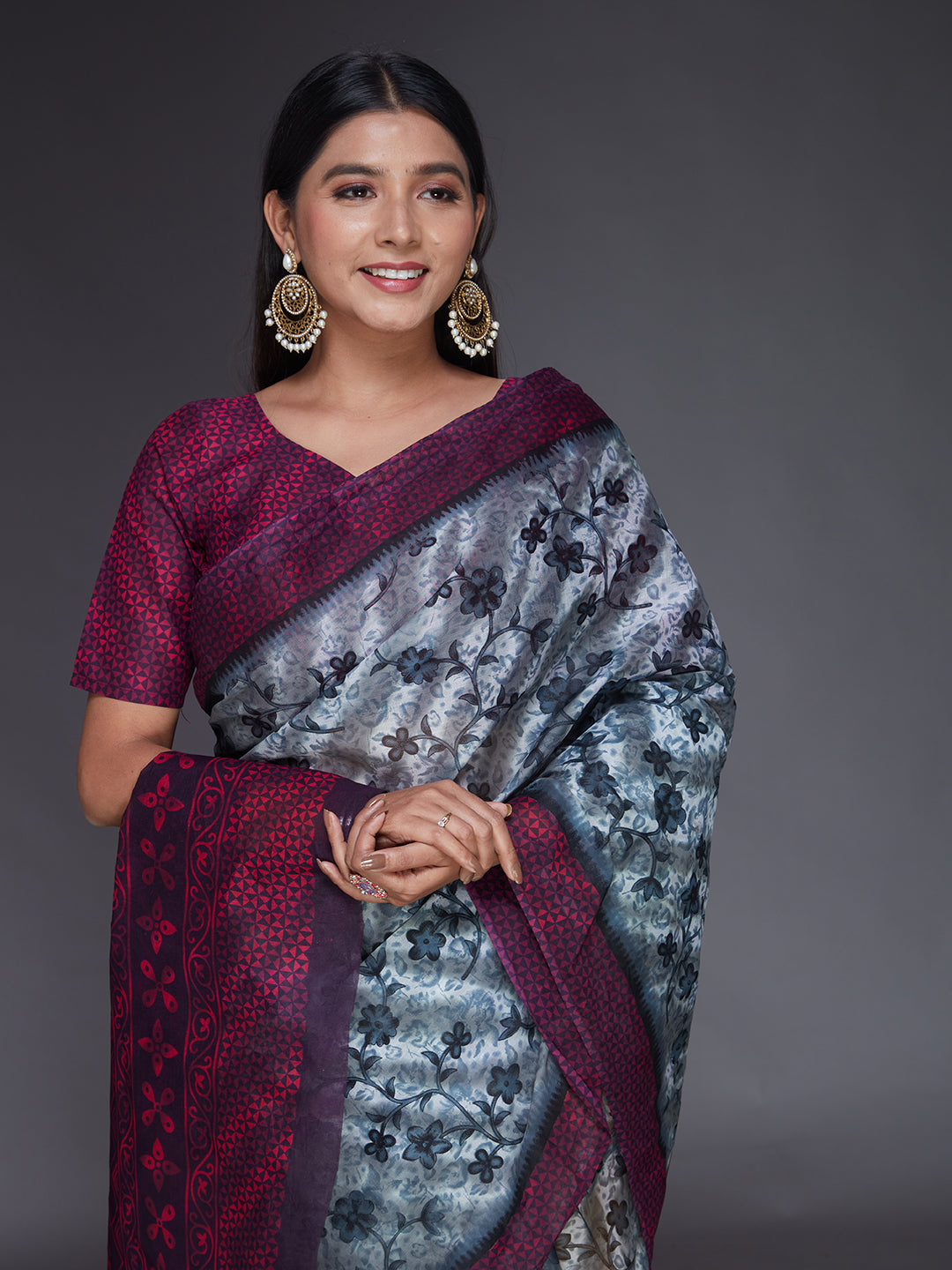 MISS INDIA Magenta Floral Printed Pure Cotton Saree