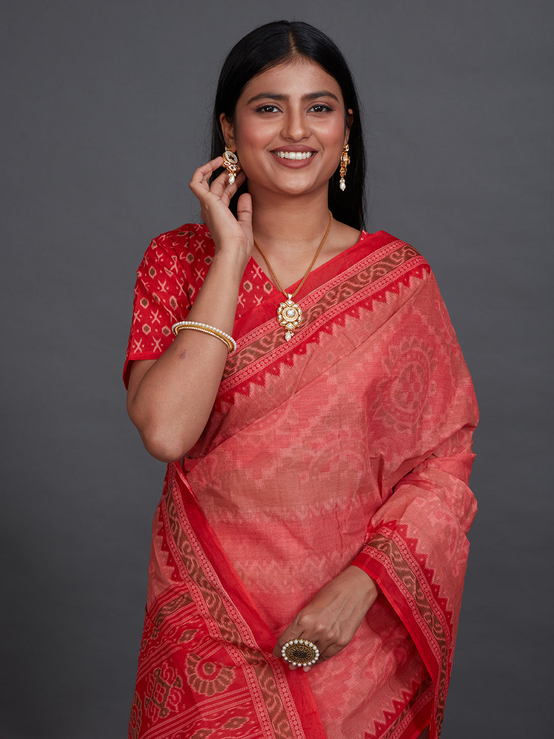 KANCHI COTTON Red Printed Pure Cotton Saree