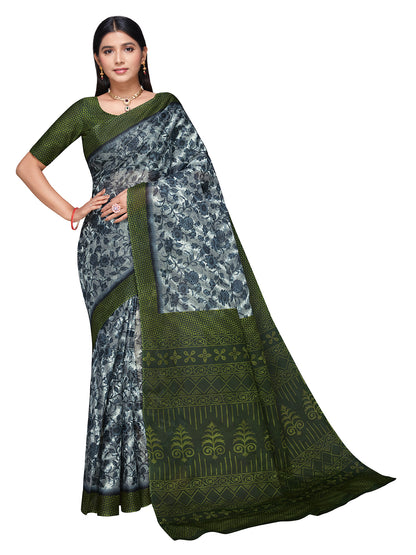 MISS INDIA Green Floral Printed Pure Cotton Saree