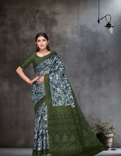 MISS INDIA Green Floral Printed Pure Cotton Saree
