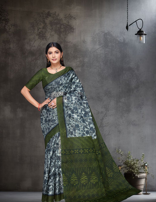 MISS INDIA Green Floral Printed Pure Cotton Saree