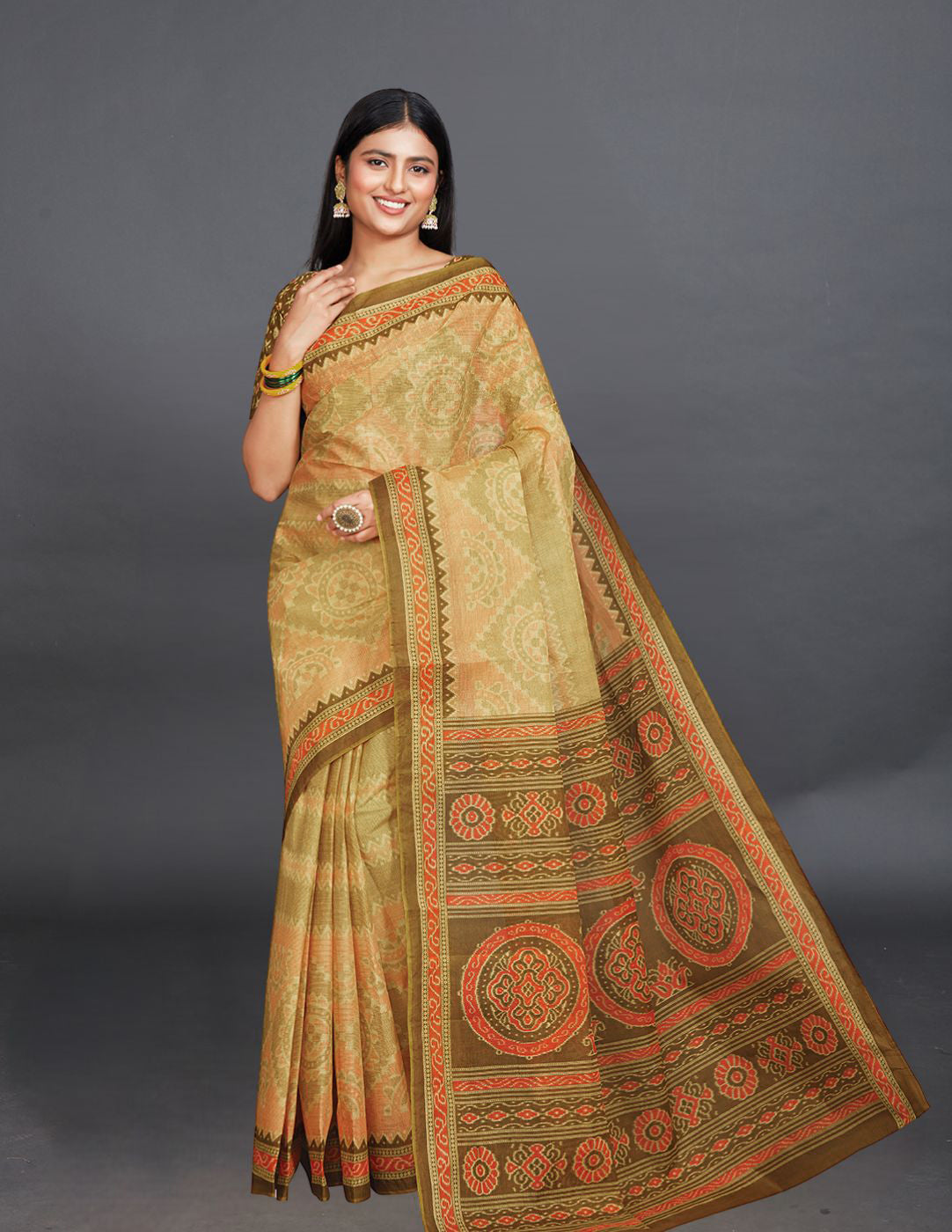 KANCHI COTTON Olive Printed Pure Cotton Saree