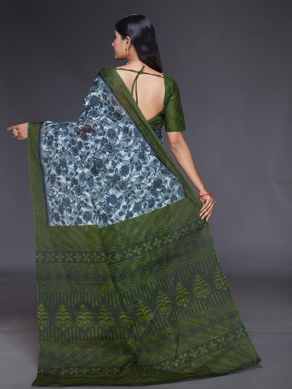 MISS INDIA Green Floral Printed Pure Cotton Saree