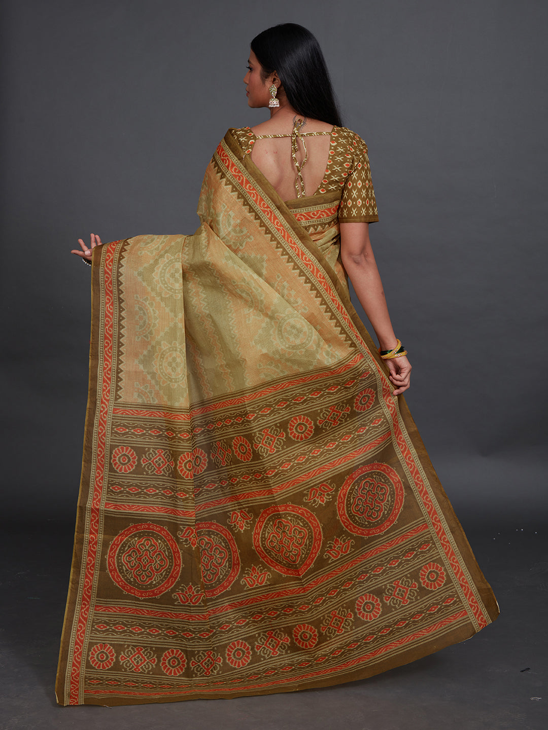 KANCHI COTTON Olive Printed Pure Cotton Saree