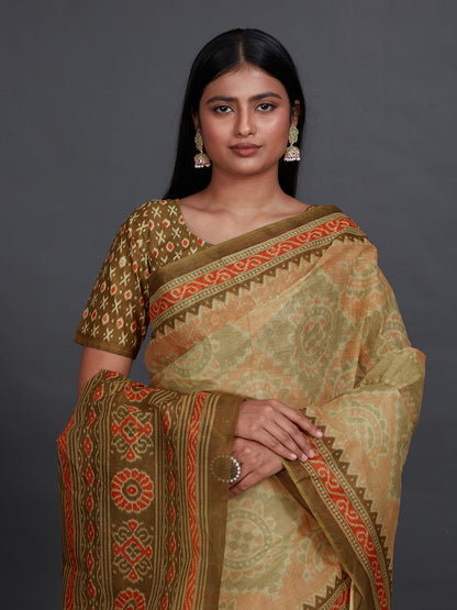 KANCHI COTTON Olive Printed Pure Cotton Saree