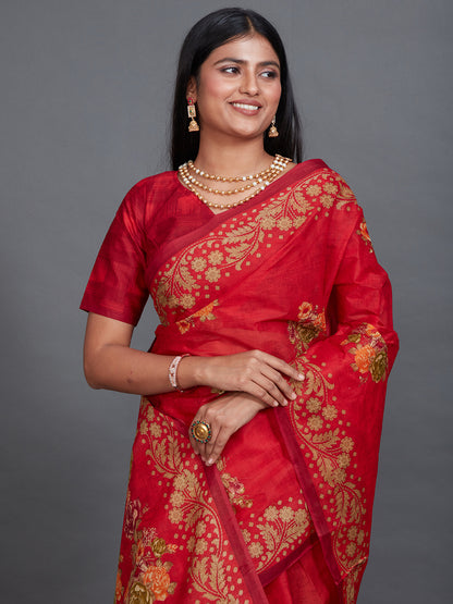 SHIBORI Red Printed Pure Cotton Saree