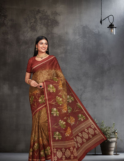 JAIPURI Brown Printed Pure Cotton Saree