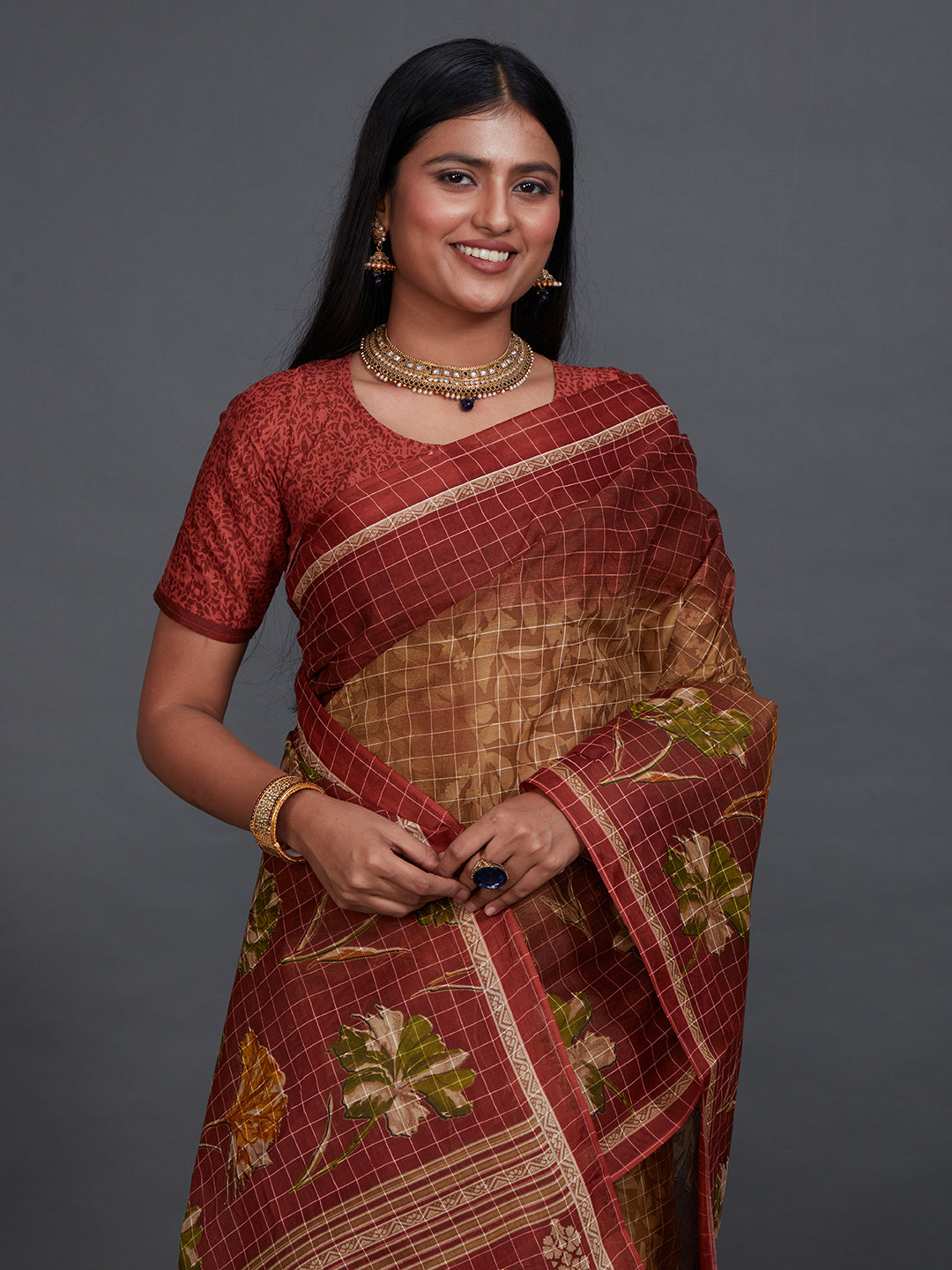 JAIPURI Brown Printed Pure Cotton Saree
