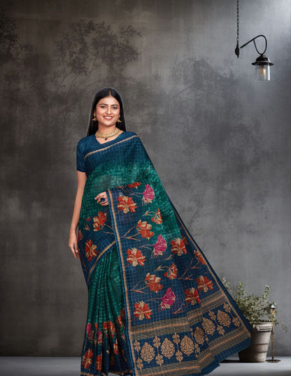 JAIPURI Blue Printed Pure Cotton Saree