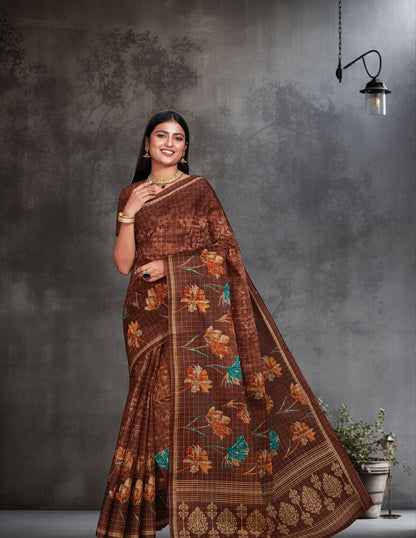 JAIPURI Brown Printed Pure Cotton Saree