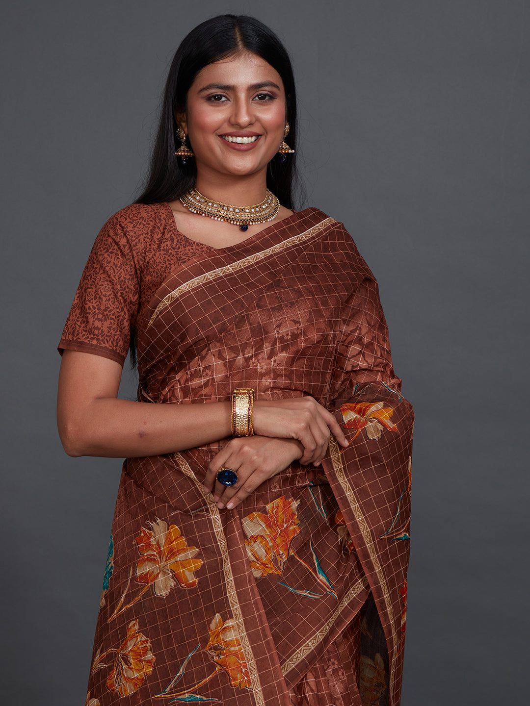 JAIPURI Brown Printed Pure Cotton Saree