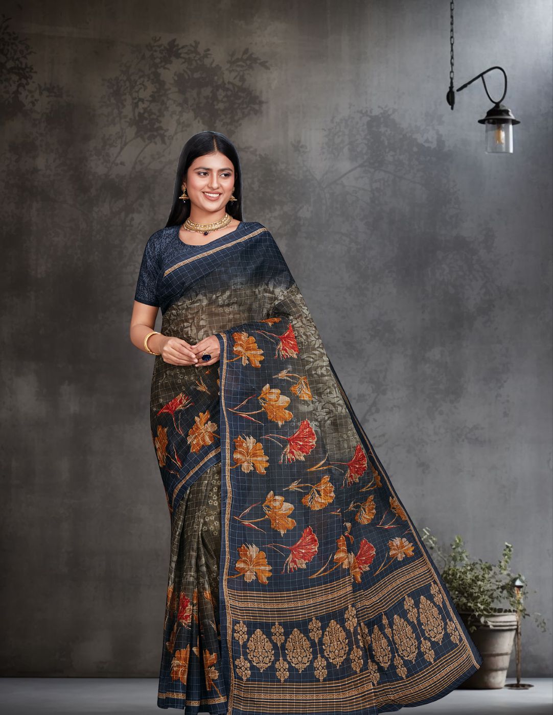 JAIPURI Navy Blue Printed Pure Cotton Saree
