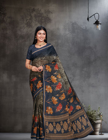 JAIPURI Navy Blue Printed Pure Cotton Saree