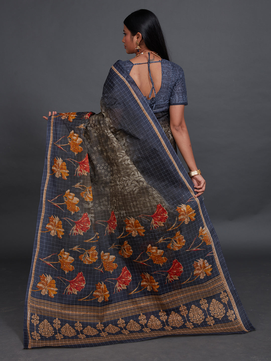 JAIPURI Navy Blue Printed Pure Cotton Saree
