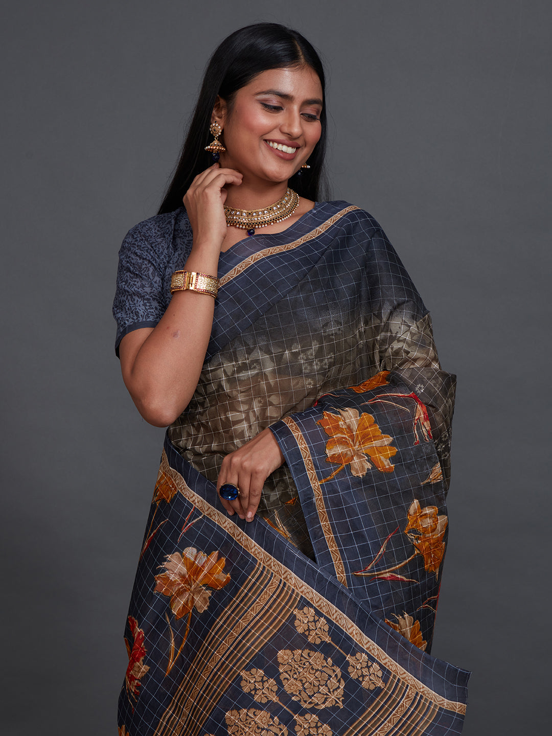JAIPURI Navy Blue Printed Pure Cotton Saree