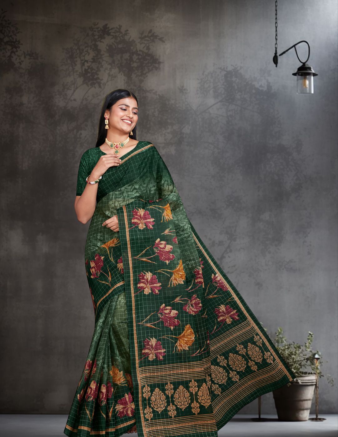 JAIPURI Bottle Green Printed Pure Cotton Saree