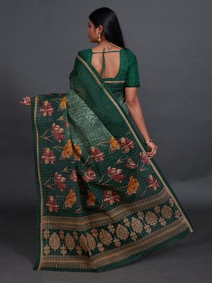 JAIPURI Bottle Green Printed Pure Cotton Saree