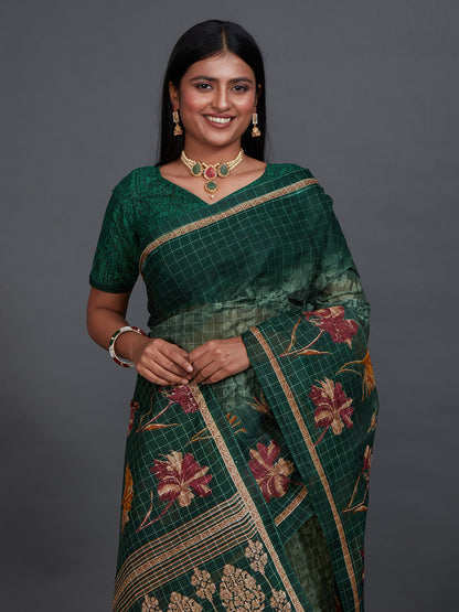 JAIPURI Bottle Green Printed Pure Cotton Saree