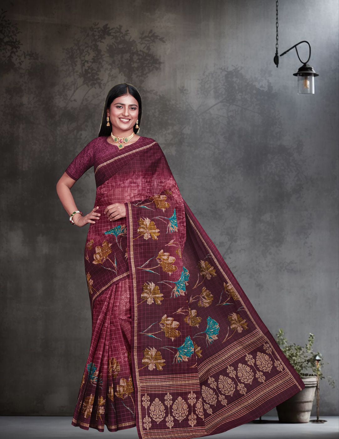JAIPURI Burgundy Printed Pure Cotton Saree