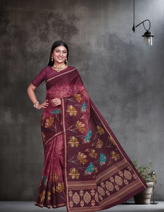 JAIPURI Burgundy Printed Pure Cotton Saree