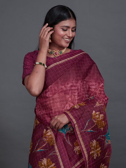 JAIPURI Burgundy Printed Pure Cotton Saree