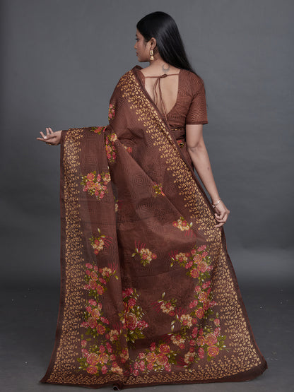 SHIBORI Brown Printed Pure Cotton Saree