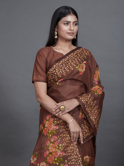 SHIBORI Brown Printed Pure Cotton Saree