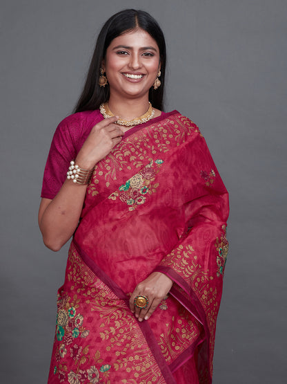 SHIBORI Pink Printed Pure Cotton Saree