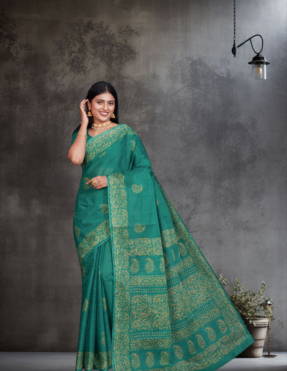 TANUSHRI Green Printed Pure Cotton Saree