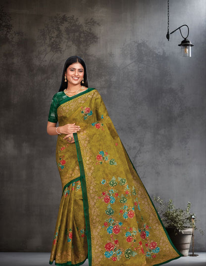 SHIBORI Olive Printed Pure Cotton Saree