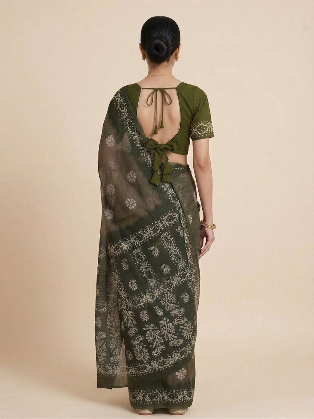 Olive Green Batik Printed Pure Cotton Saree