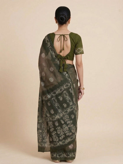 Olive Green Batik Printed Pure Cotton Saree