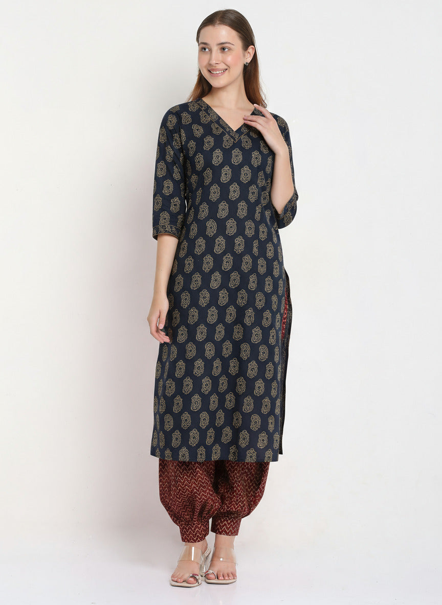 Navy Blue Cotton Printed Unstitched Dress Material (2 Pc)