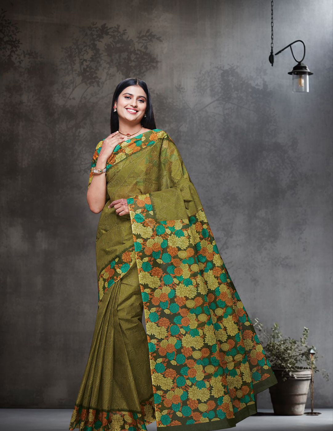 SUMANGALI Olive Printed Pure Cotton Saree