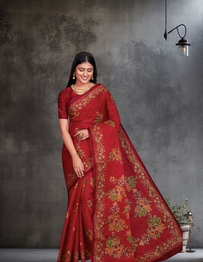 SHIBORI Red Printed Pure Cotton Saree