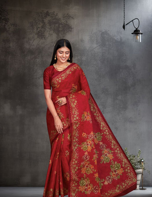 SHIBORI Red Printed Pure Cotton Saree